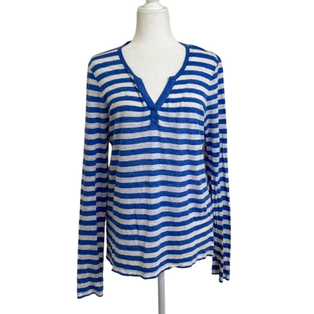 Tommy Bahama Womens Size M Top Linen Blue White Striped Long Sleeve Beach Resort